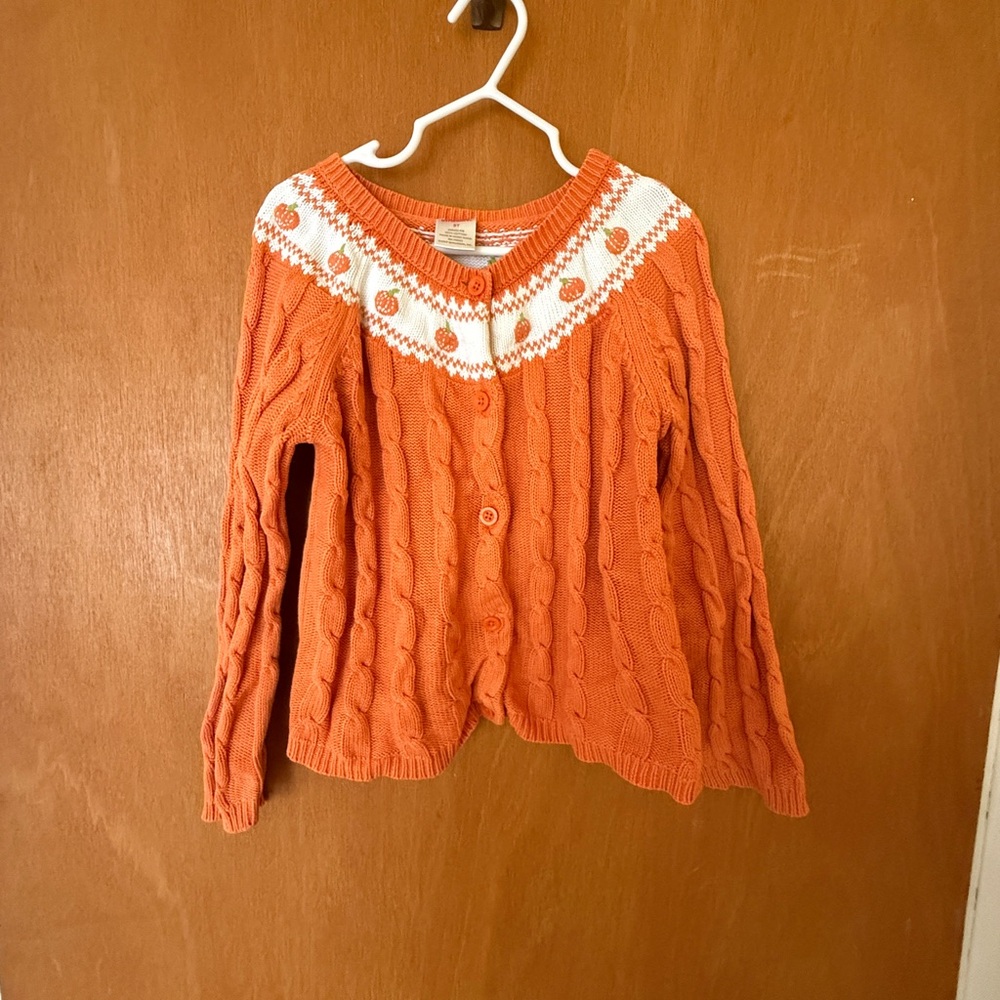 Orange Cable Knit Cardigan with White Accents